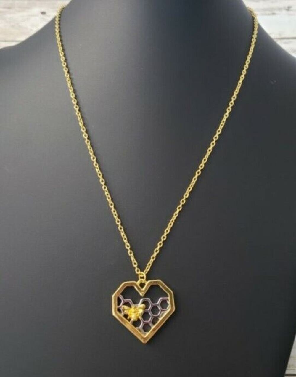 Heart with Bee & Honeycomb Pendant Necklace - Gold Tone & Silver Tone - New